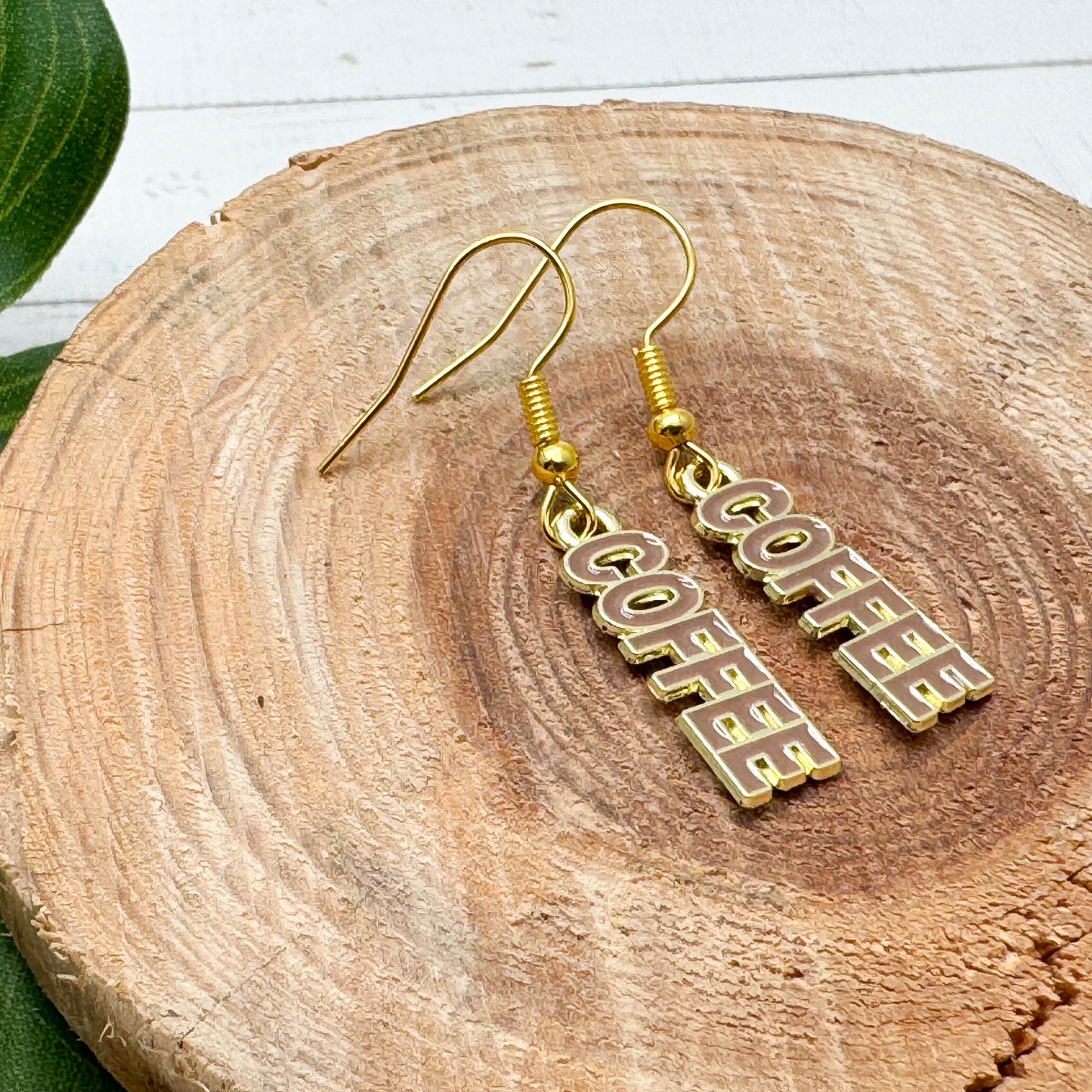 COFFEE Charm Earrings, Brown Enamel Charms : 39mm long