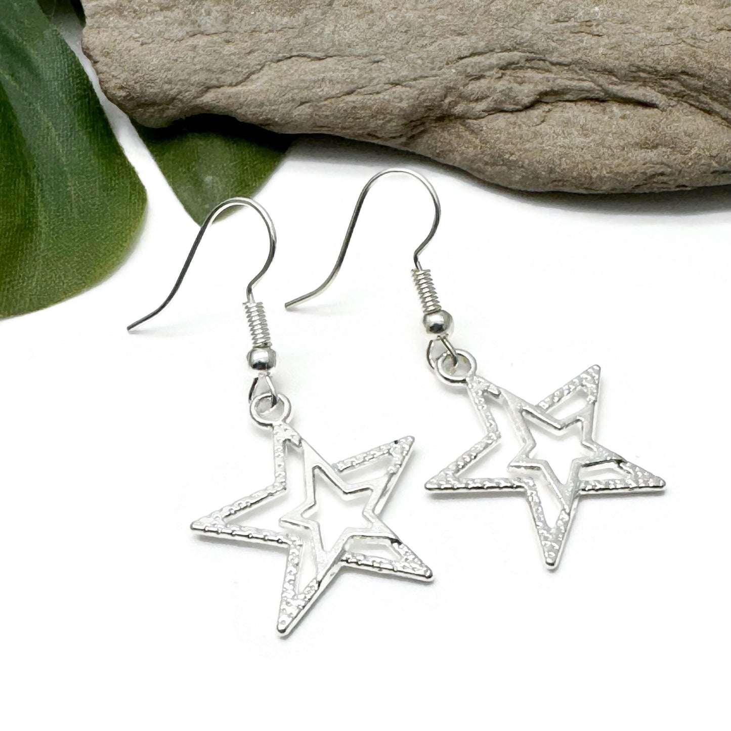 Double Star Earrings, Silver Plated Charm Beads