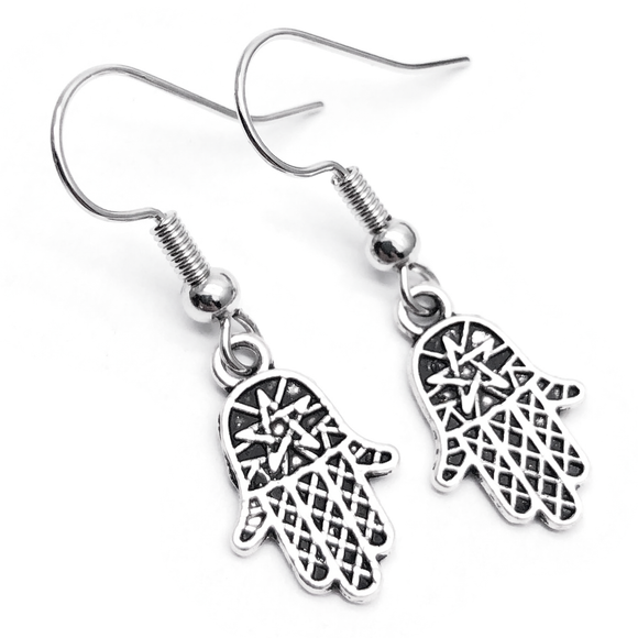 Hamsa Earrings, Silver Plated Fatima's Hand Charms