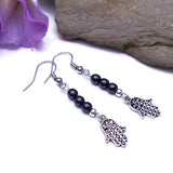 Hamsa Charm Earrings with Small Hematite Beads