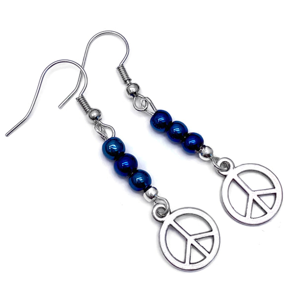 Peace Charm Earrings with Small Blue Glass Beads