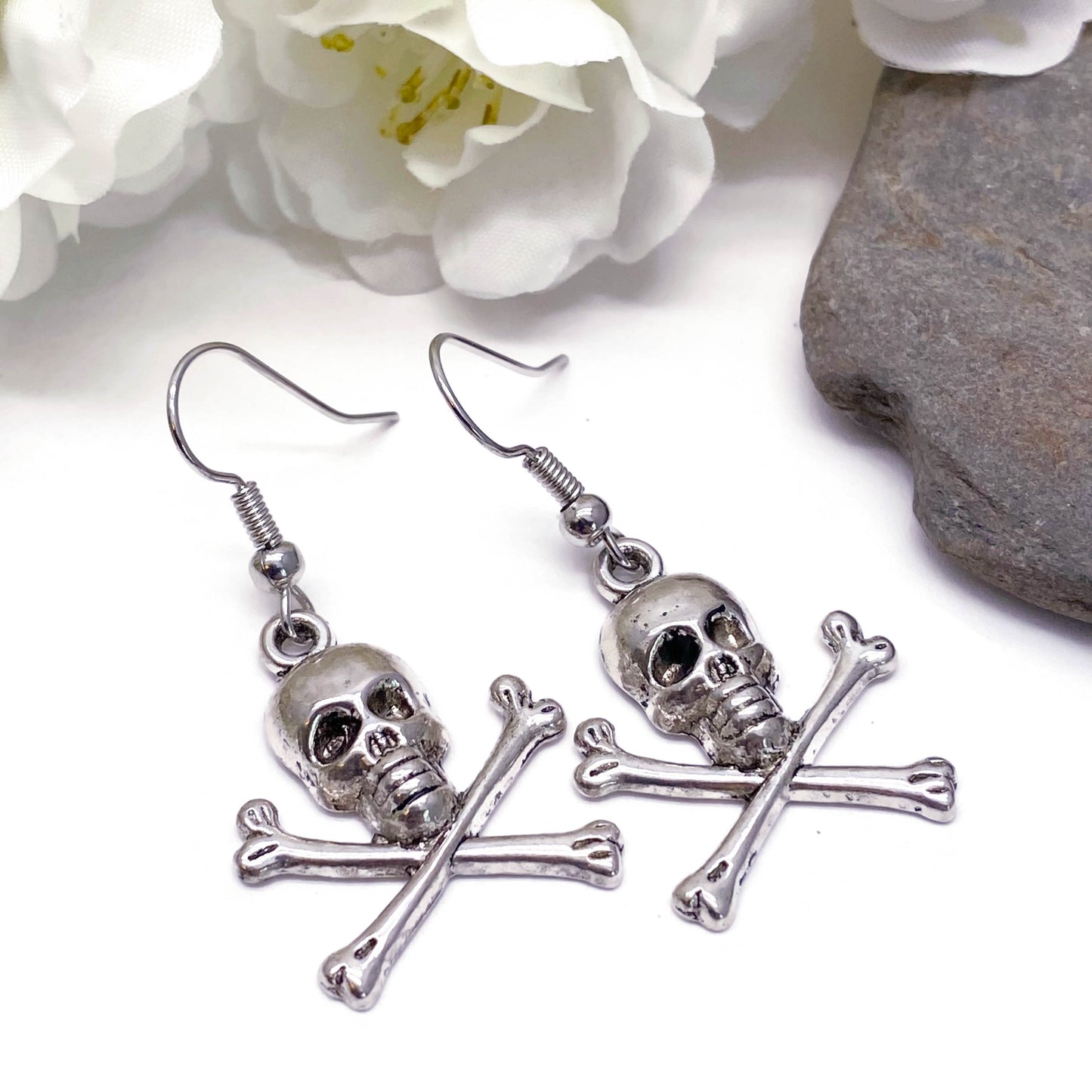 Skull and Crossbones Earrings, Silver Plated Charms