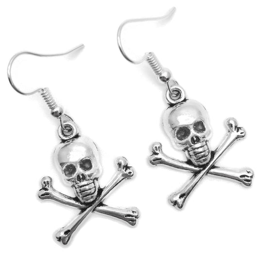 Skull and Crossbones Earrings, Silver Plated Charms