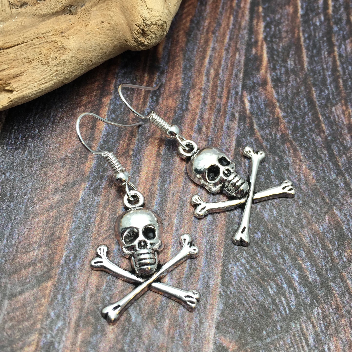 Skull and Crossbones Earrings, Silver Plated Charms