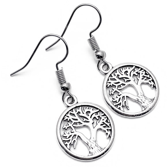 Tree of Life Earrings, Symbolic Silver Tone Charms