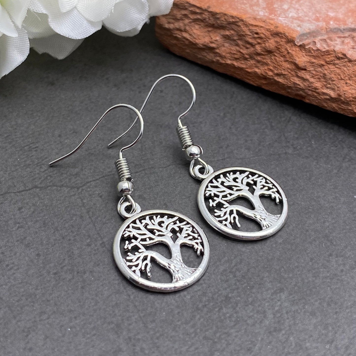 Tree of Life Earrings, Symbolic Silver Tone Charms