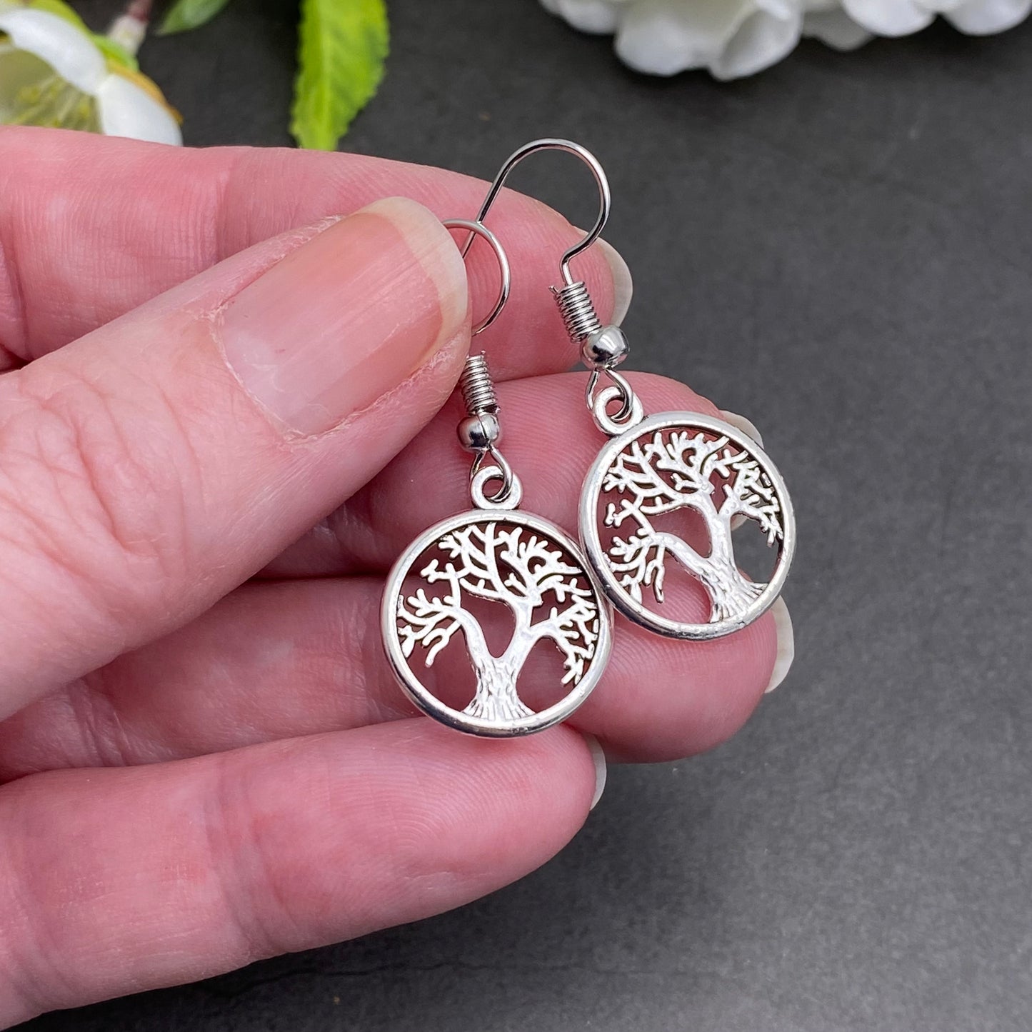 Tree of Life Earrings, Symbolic Silver Tone Charms