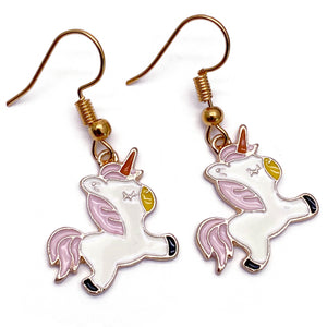 Pink Unicorn Charm Earrings, Gold Plated Hooks