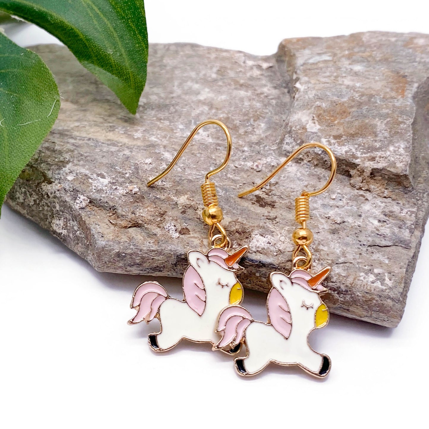 Pink Unicorn Charm Earrings, Gold Plated Hooks