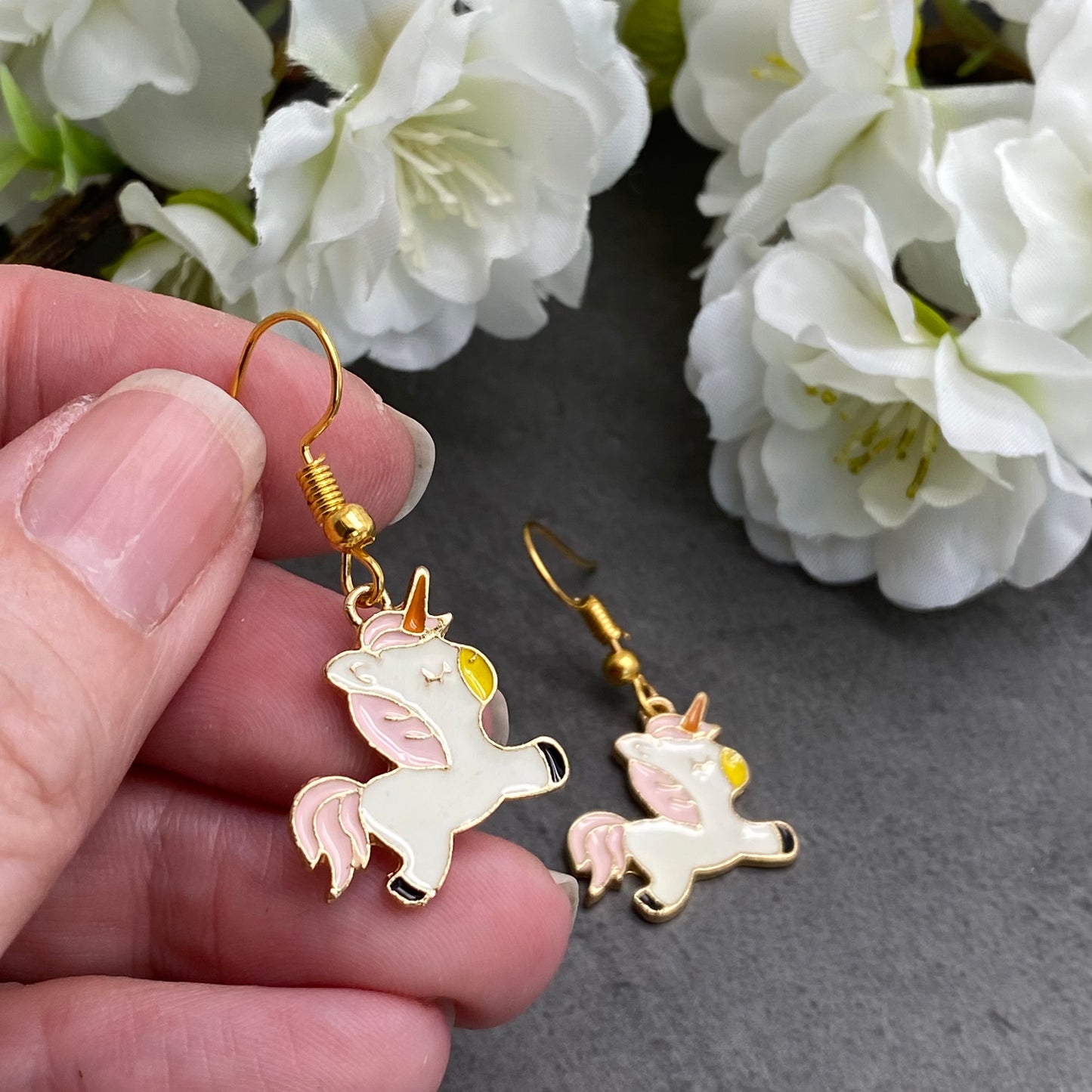 Pink Unicorn Charm Earrings, Gold Plated Hooks
