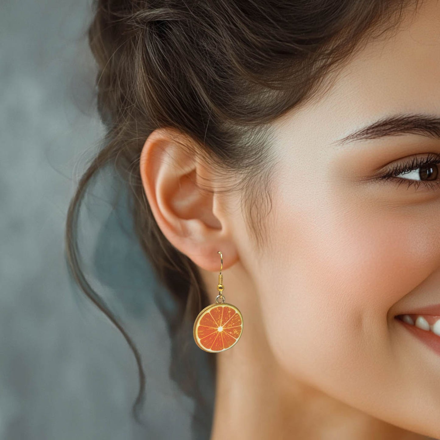 Orange Slice Earrings, Yellow Enamel Fruit Charm Beads : 42mm long