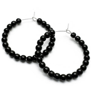 Black Glass Bead Hoops : 35mm Diameter, Minimalist Design