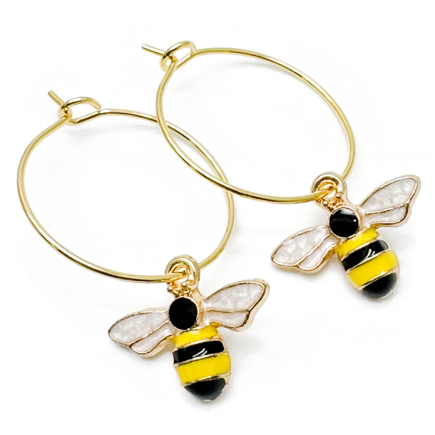 Bumble Bee Enamel Charm Gold Tone Hoops : 20mm Diameter
