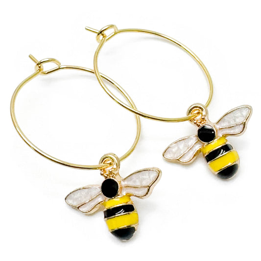 Bumble Bee Enamel Charm Gold Tone Hoops : 20mm Diameter
