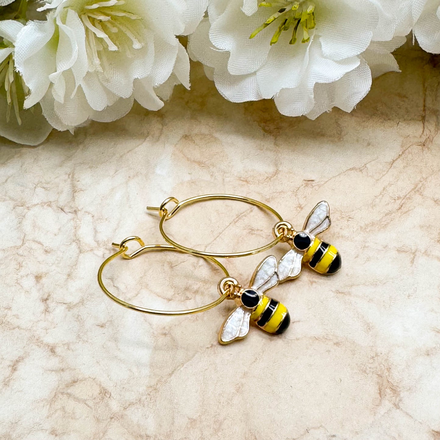 Bumble Bee Enamel Charm Gold Tone Hoops : 20mm Diameter
