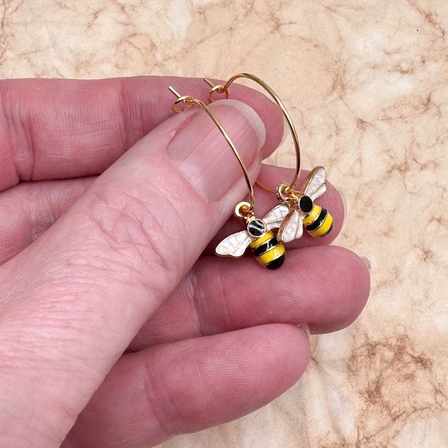 Bumble Bee Enamel Charm Gold Tone Hoops : 20mm Diameter