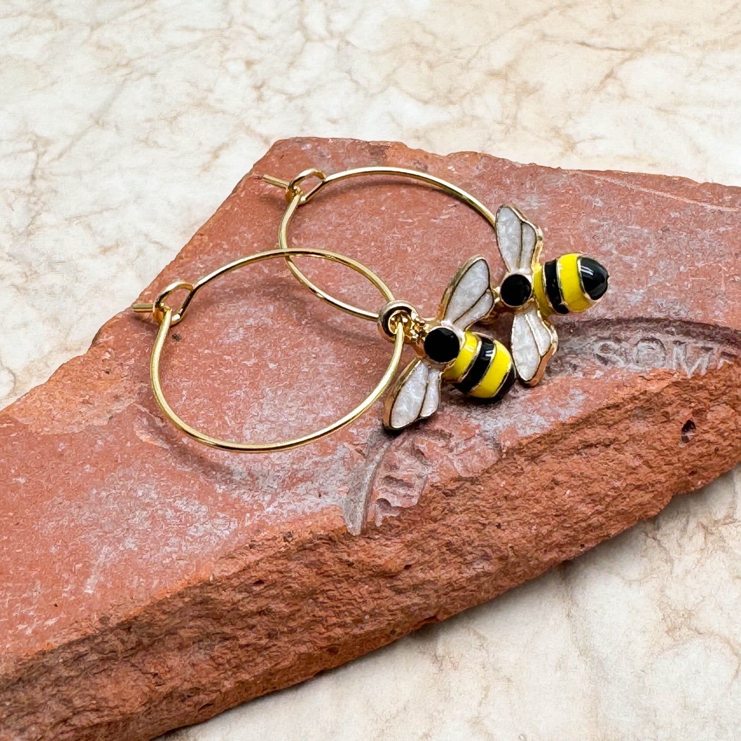 Bumble Bee Enamel Charm Gold Tone Hoops : 20mm Diameter