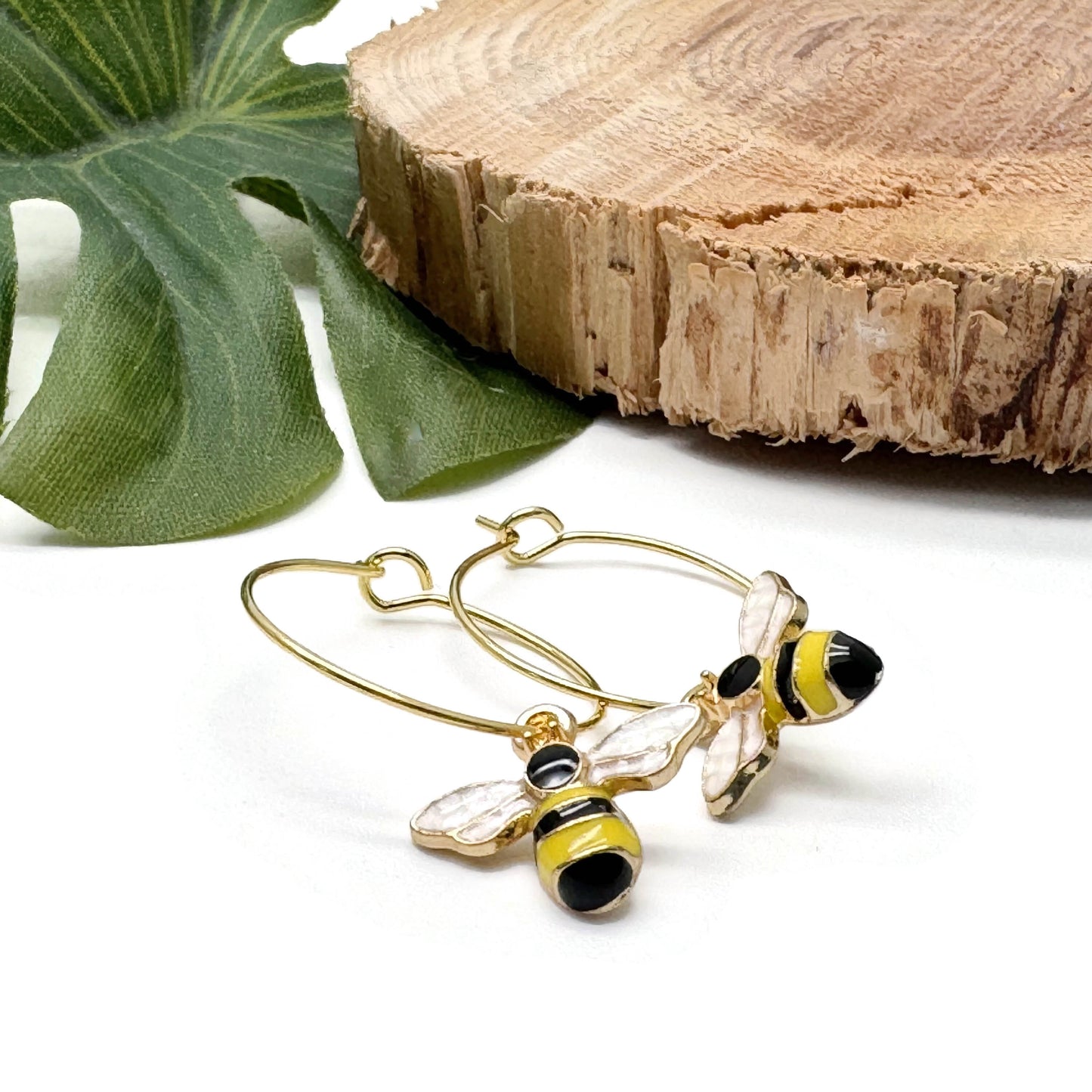 Bumble Bee Enamel Charm Gold Tone Hoops : 20mm Diameter
