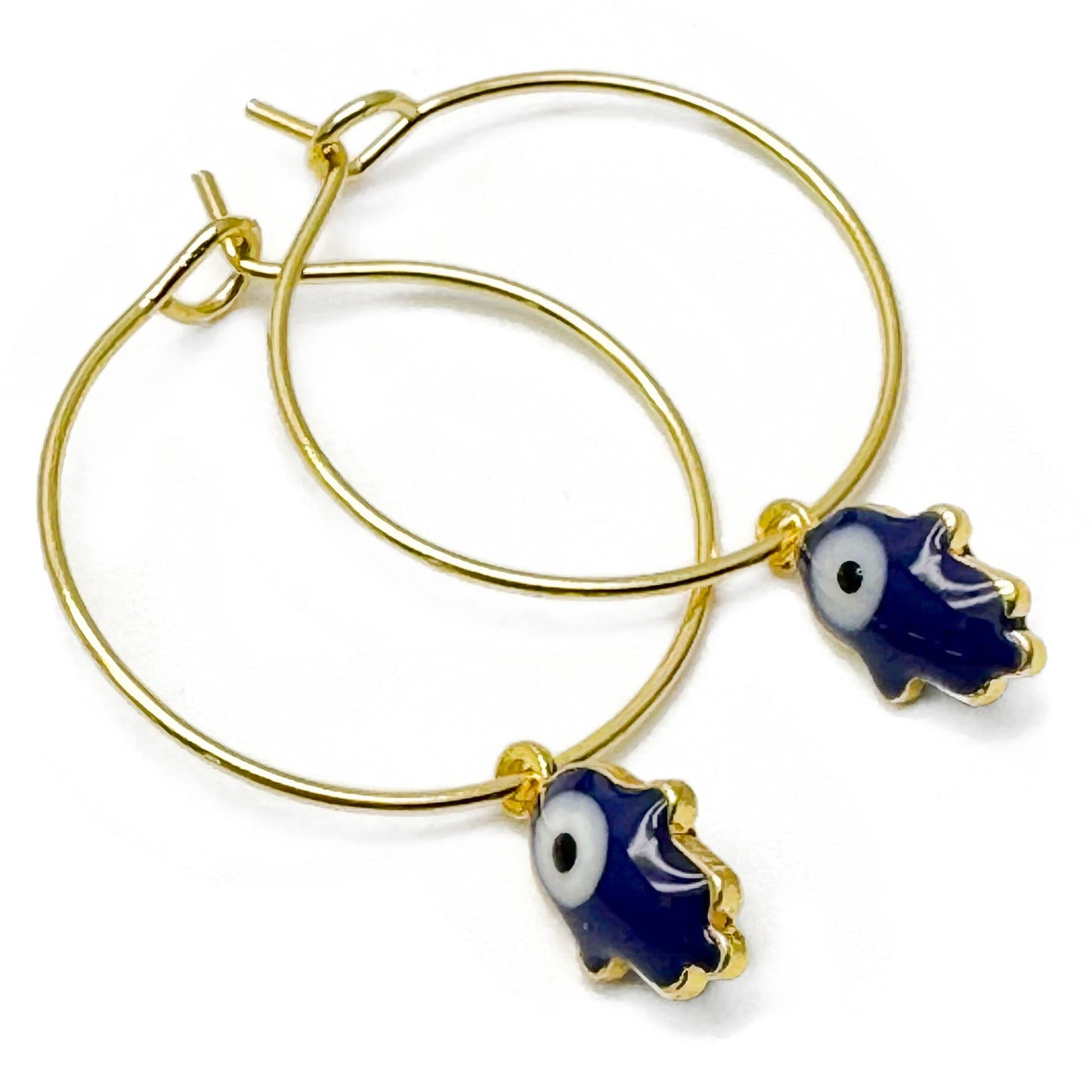 Tiny Hamsa Enamel Charm Gold Tone Hoops : 20mm Diameter