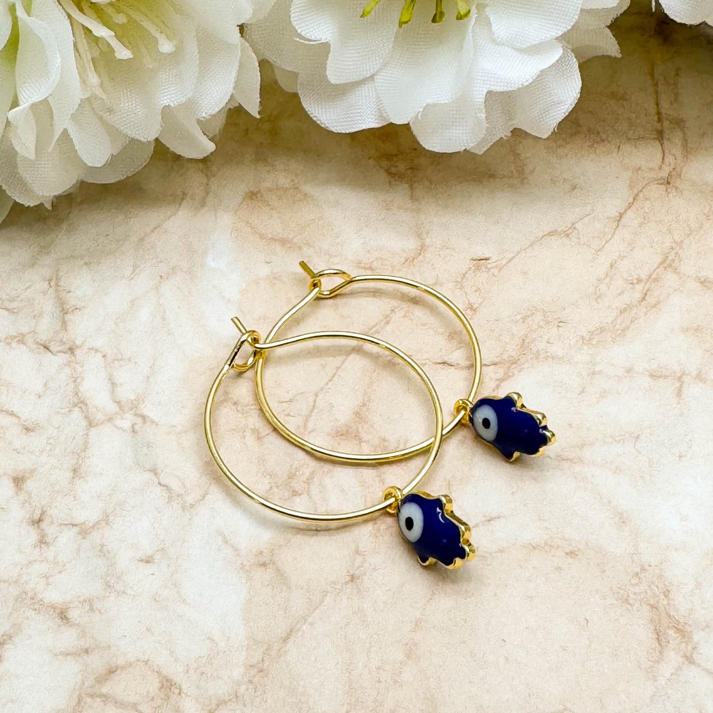 Tiny Hamsa Enamel Charm Gold Tone Hoops : 20mm Diameter