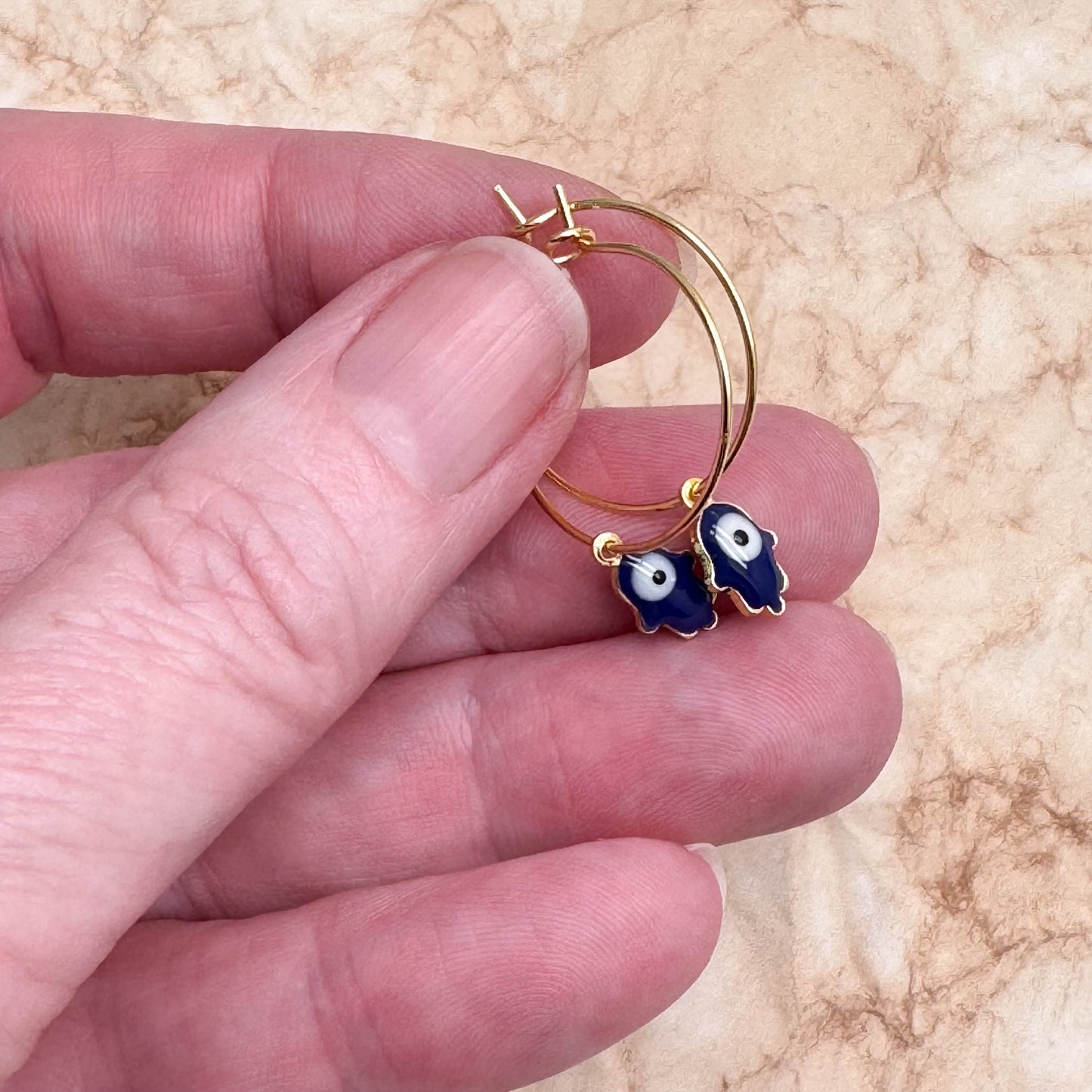 Tiny Hamsa Enamel Charm Gold Tone Hoops : 20mm Diameter