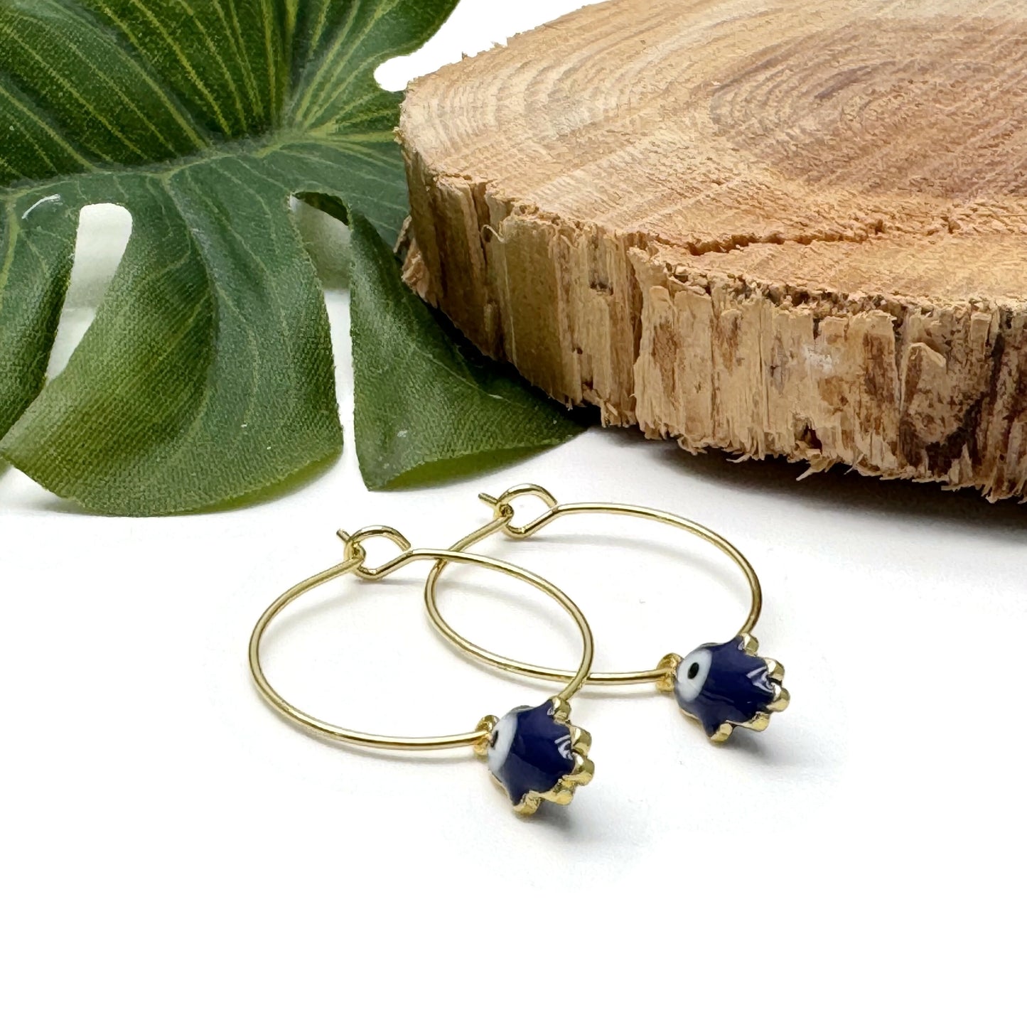 Tiny Hamsa Enamel Charm Gold Tone Hoops : 20mm Diameter