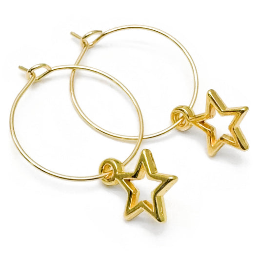 Hollow Star Charm Gold Tone Hoop Earrings : 20mm Diameter