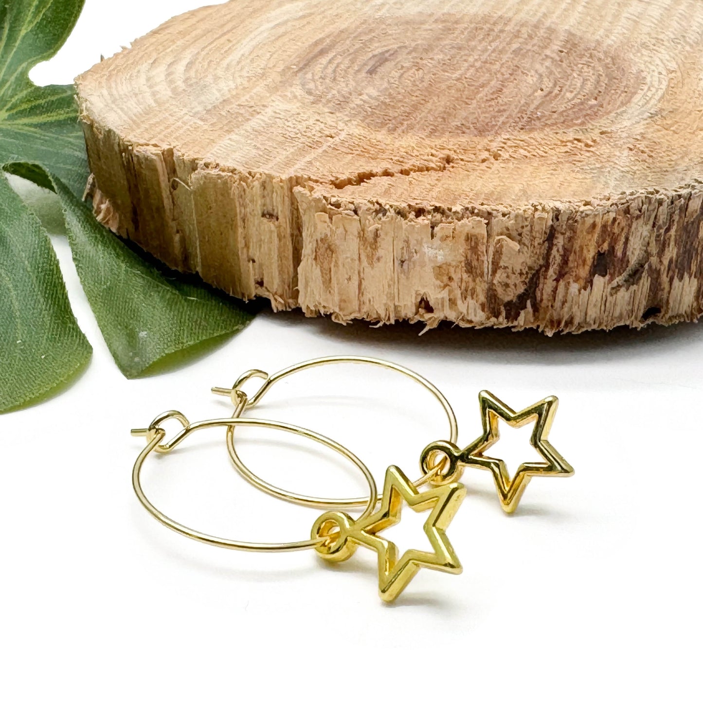 Hollow Star Charm Gold Tone Hoop Earrings : 20mm Diameter