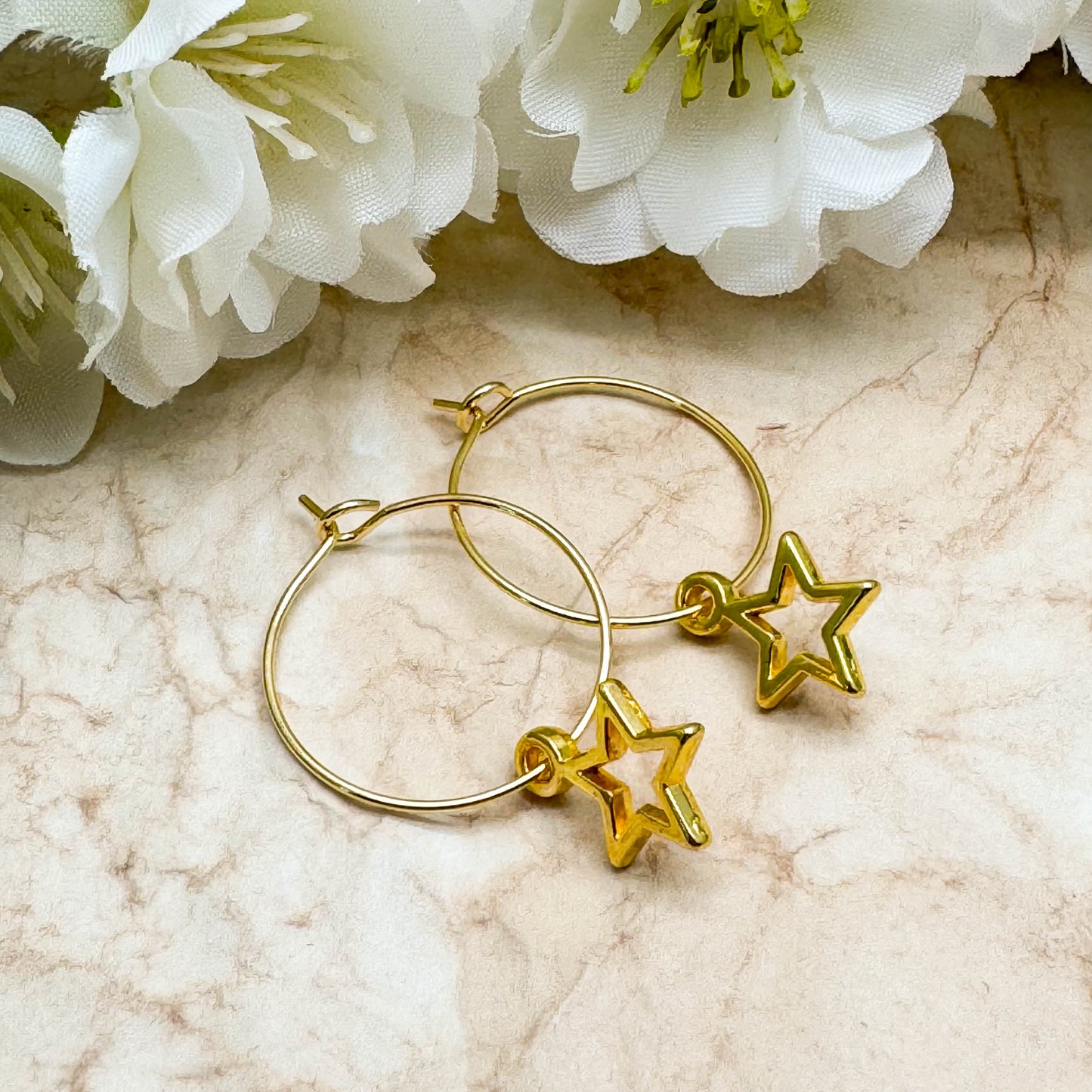 Hollow Star Charm Gold Tone Hoop Earrings : 20mm Diameter