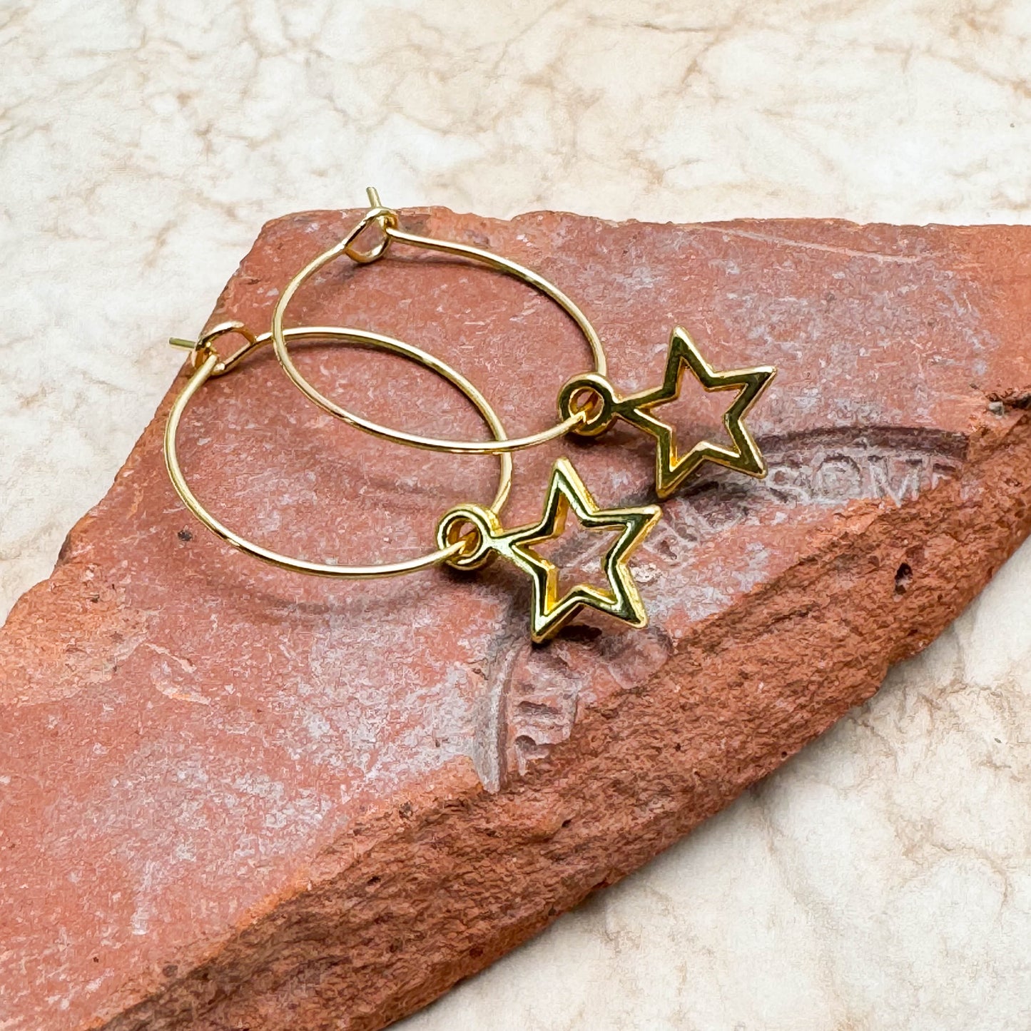 Hollow Star Charm Gold Tone Hoop Earrings : 20mm Diameter