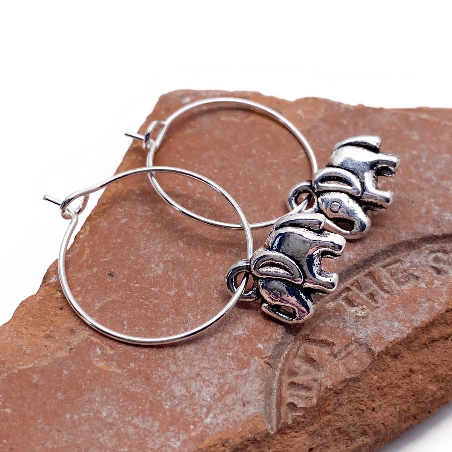 Elephant Charm Hoop Earrings : 20mm Diameter