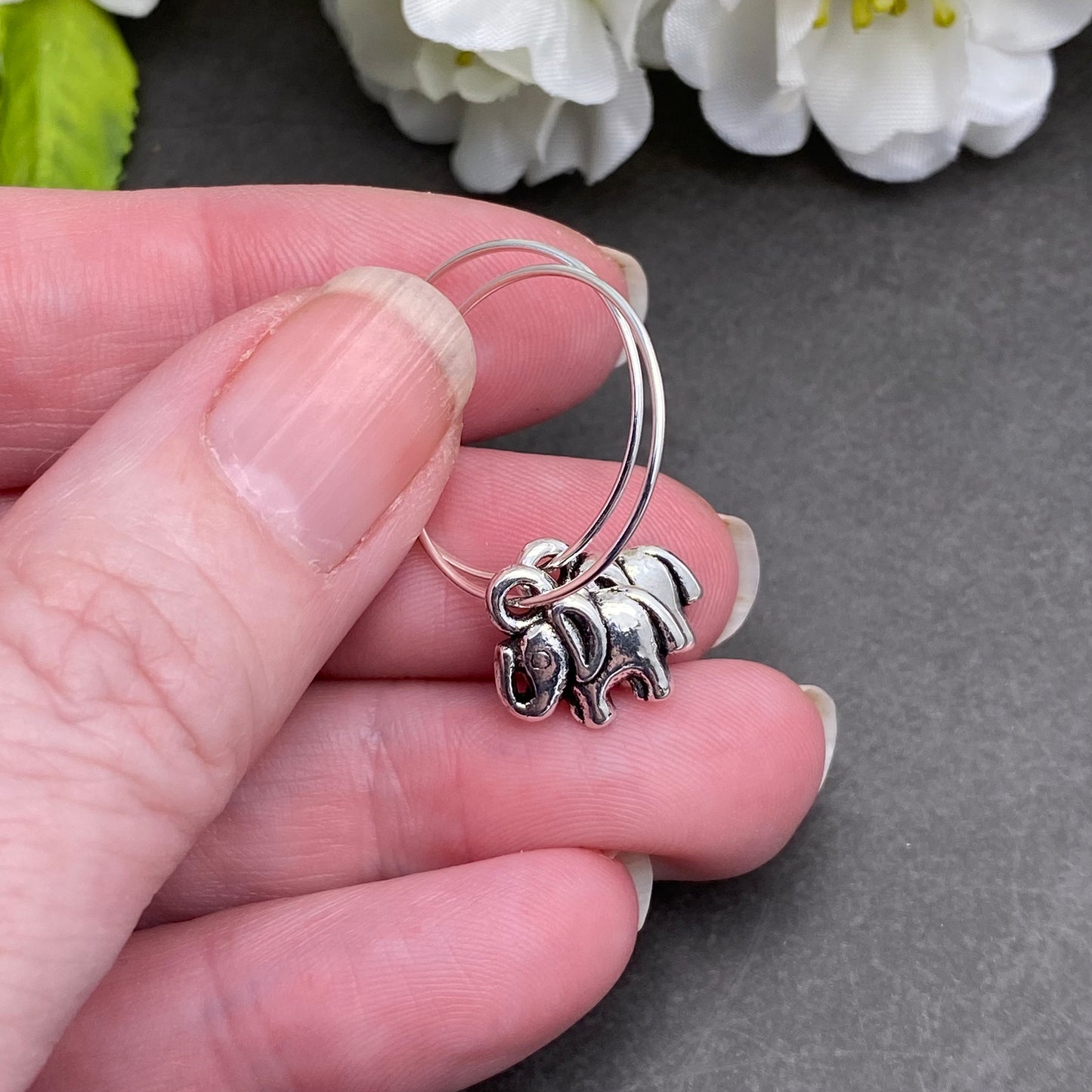 Elephant Charm Hoop Earrings : 20mm Diameter