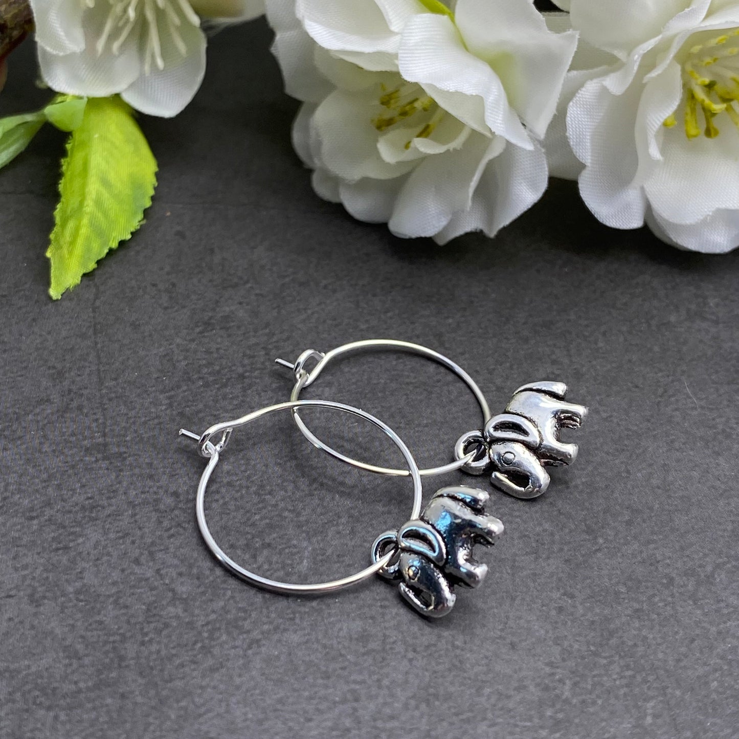 Elephant Charm Hoop Earrings : 20mm Diameter