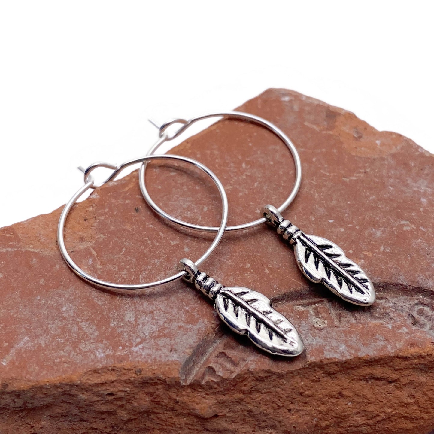 Feather Charm Hoop Earrings : 20mm Diameter