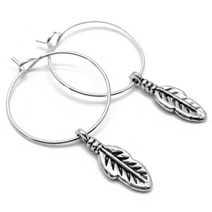 Feather Charm Hoop Earrings : 20mm Diameter