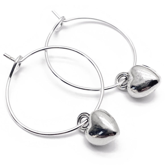 Heart Charm Silver Plated Hoop Earrings : 20mm Diameter