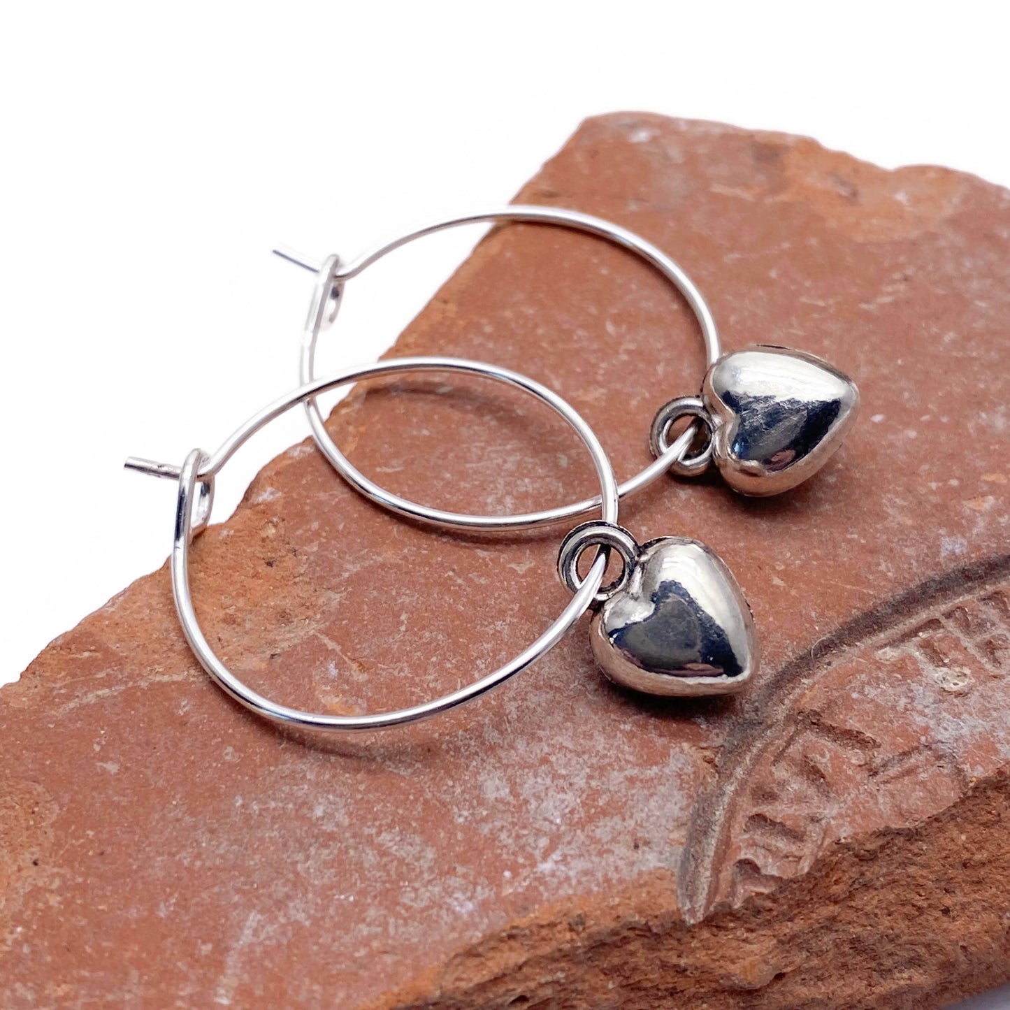 Heart Charm Silver Plated Hoop Earrings : 20mm Diameter