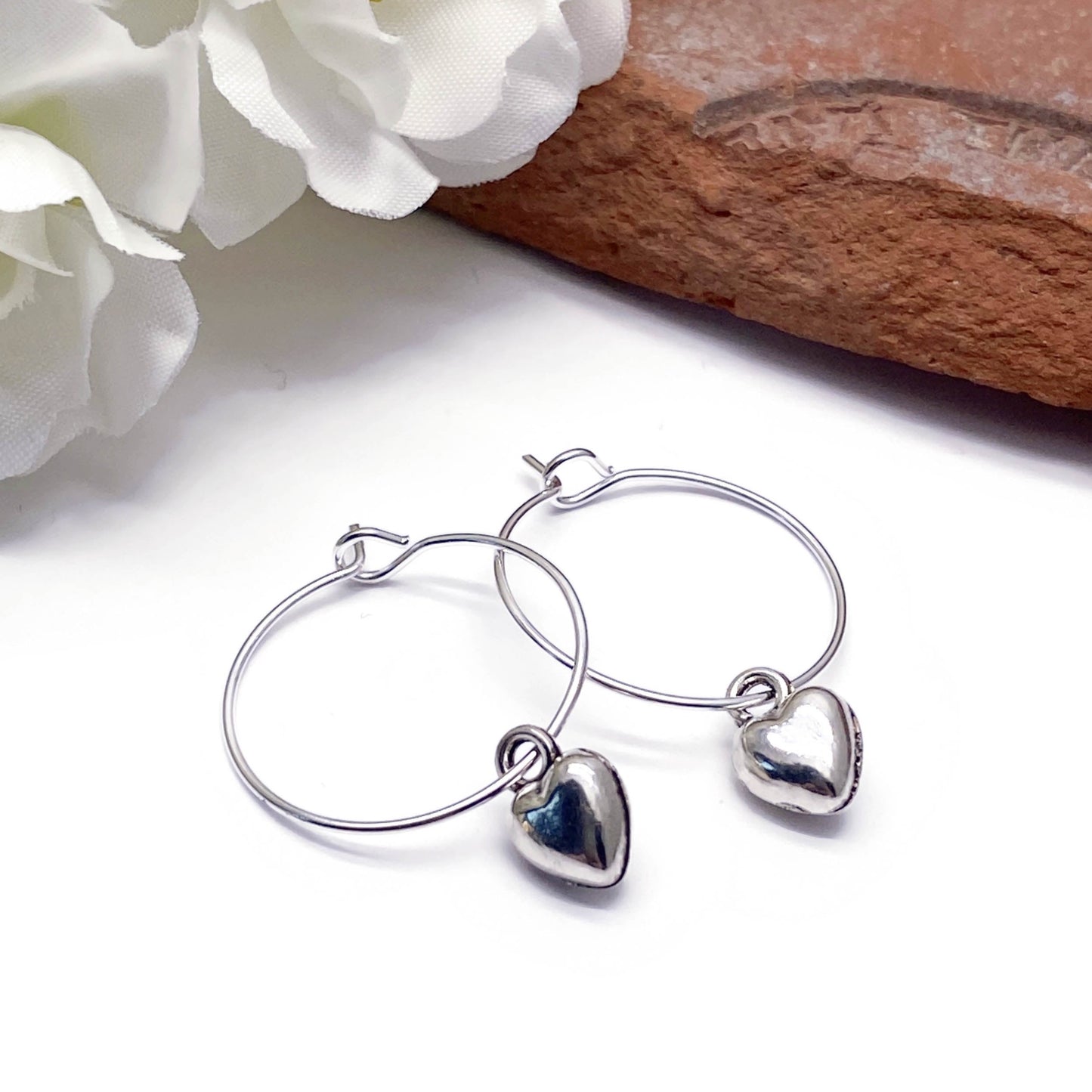 Heart Charm Silver Plated Hoop Earrings : 20mm Diameter