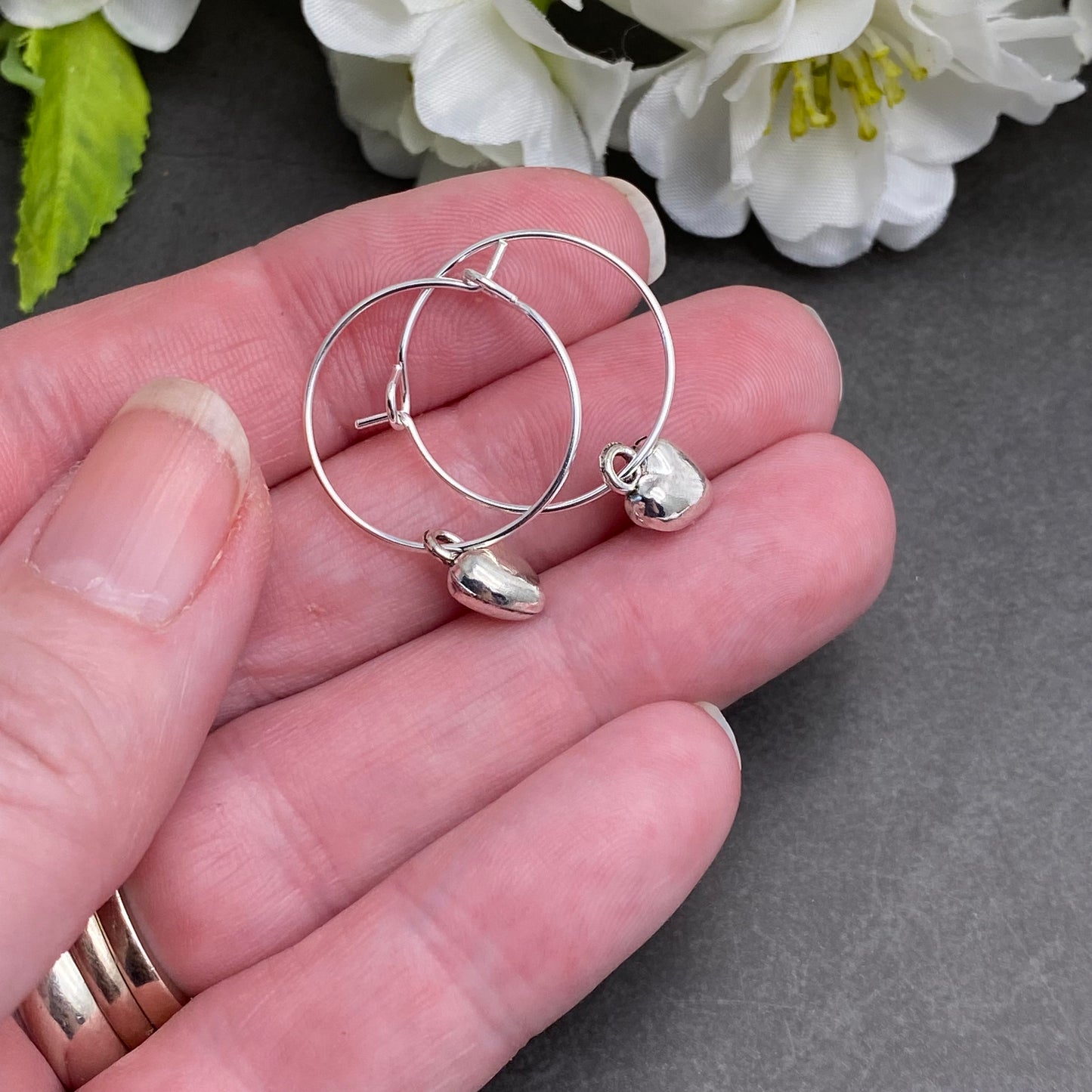 Heart Charm Silver Plated Hoop Earrings : 20mm Diameter
