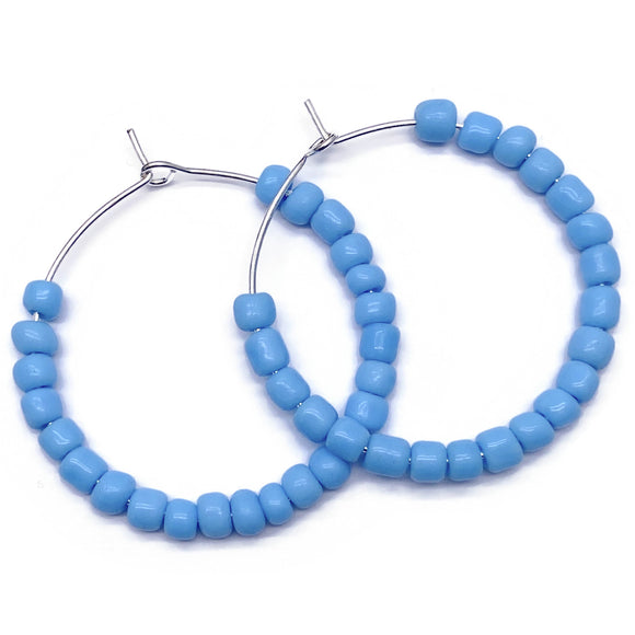 Baby Blue Glass Bead Hoops : 35mm Diameter, Silver Plated