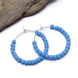 Baby Blue Glass Bead Hoops : 35mm Diameter, Silver Plated