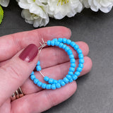 Baby Blue Glass Bead Hoops : 35mm Diameter, Silver Plated