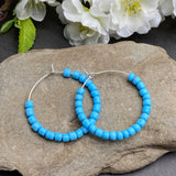 Baby Blue Glass Bead Hoops : 35mm Diameter, Silver Plated