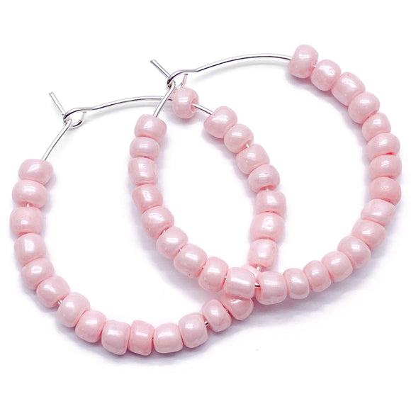 Pale Pink Glass Bead Hoops : 35mm Diameter, Silver Plated