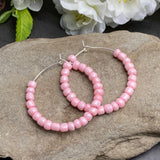 Pale Pink Glass Bead Hoops : 35mm Diameter, Silver Plated