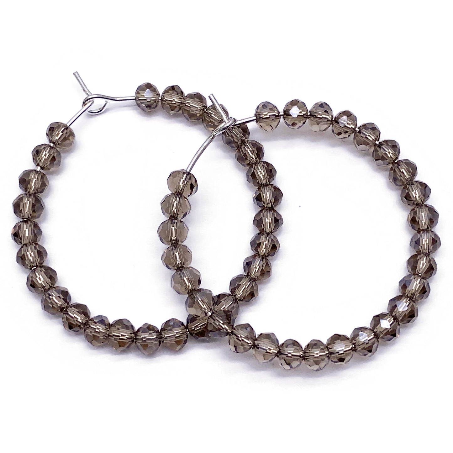 Faceted Brown Glass Bead Hoops : 35mm Diameter, Silver Plated
