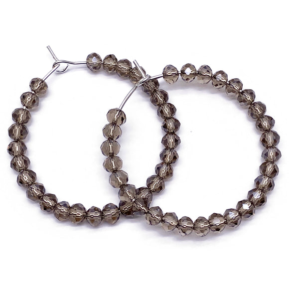 Faceted Brown Glass Bead Hoops : 35mm Diameter, Silver Plated