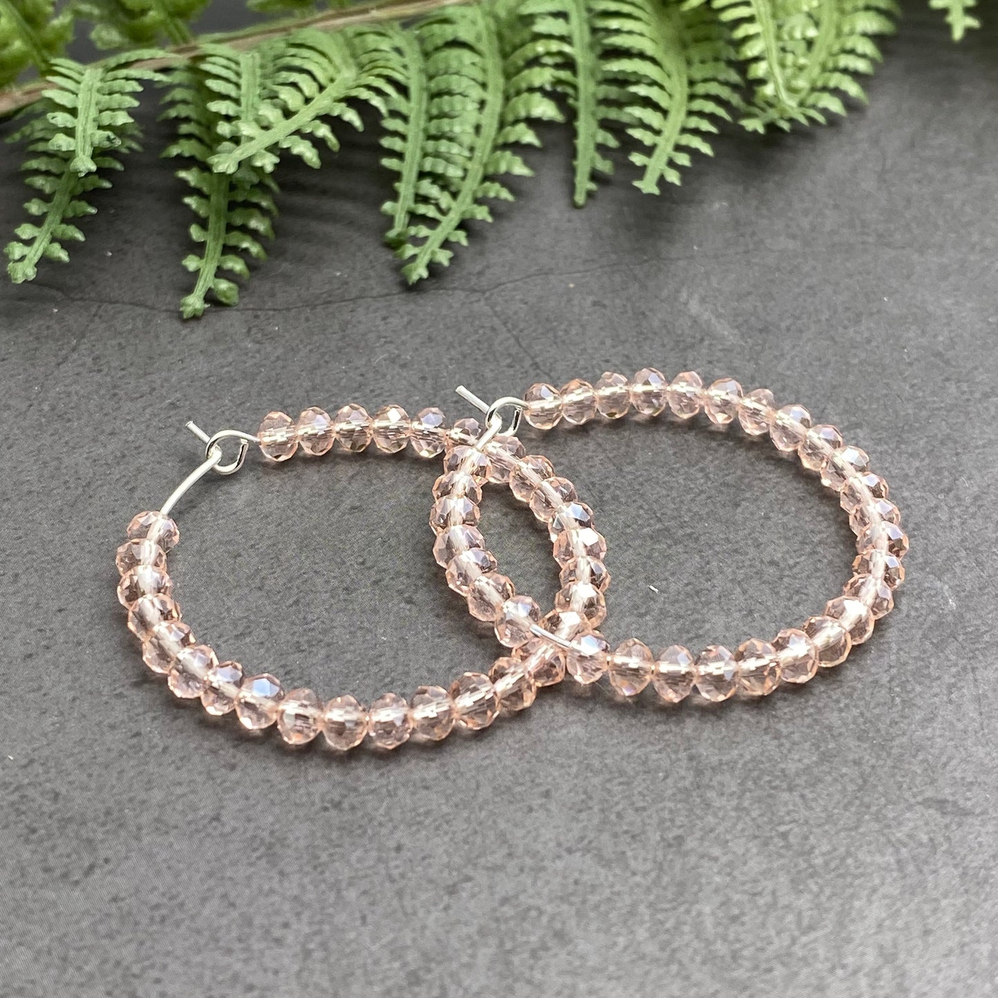 Faceted Pink Glass Bead Hoops : 35mm Diameter, Silver Plated