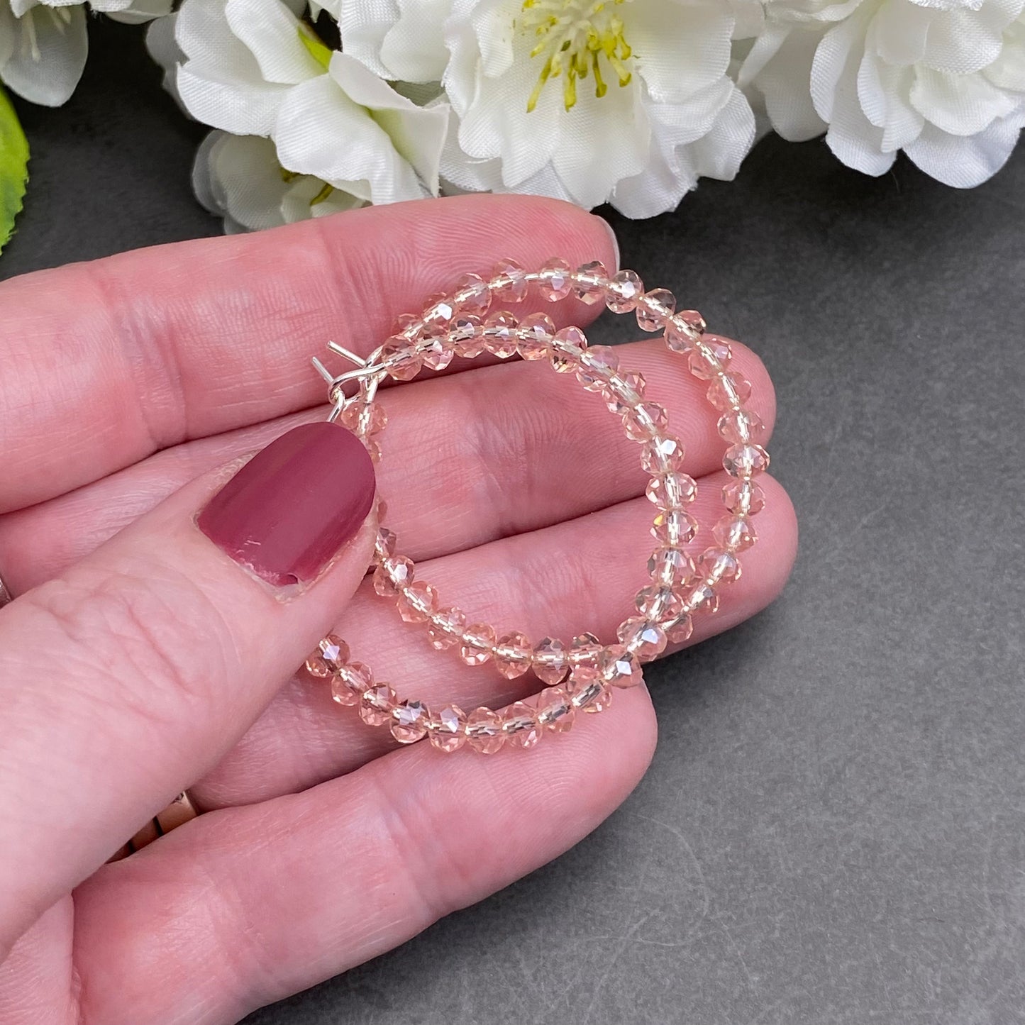 Faceted Pink Glass Bead Hoops : 35mm Diameter, Silver Plated