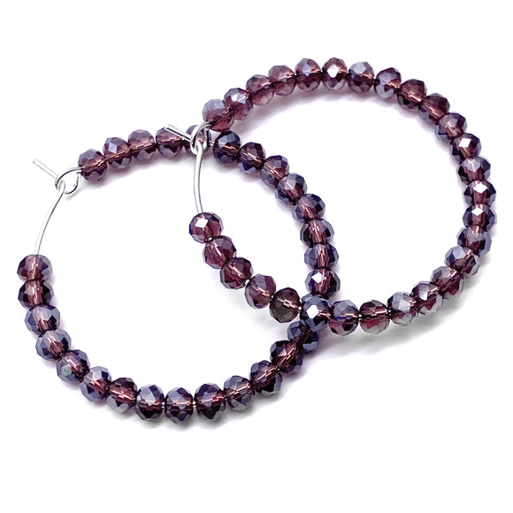 Faceted Purple Glass Bead Hoops : 35mm Diameter, Silver Plated